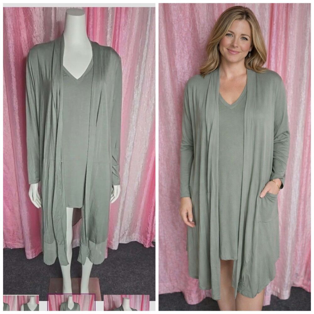 LOGO By Lori Goldstein Olive Knit Duster Tank Dress 2 Piece Set Size Large NWT